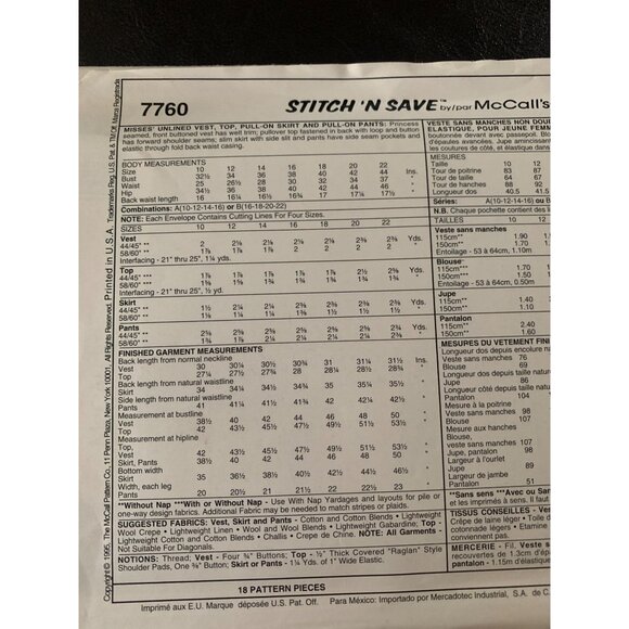 McCall's Misses Shirt Vest Pant Skirt Sewing Pattern Sz 16 - 22 7760 - Uncut - Picture 5 of 9